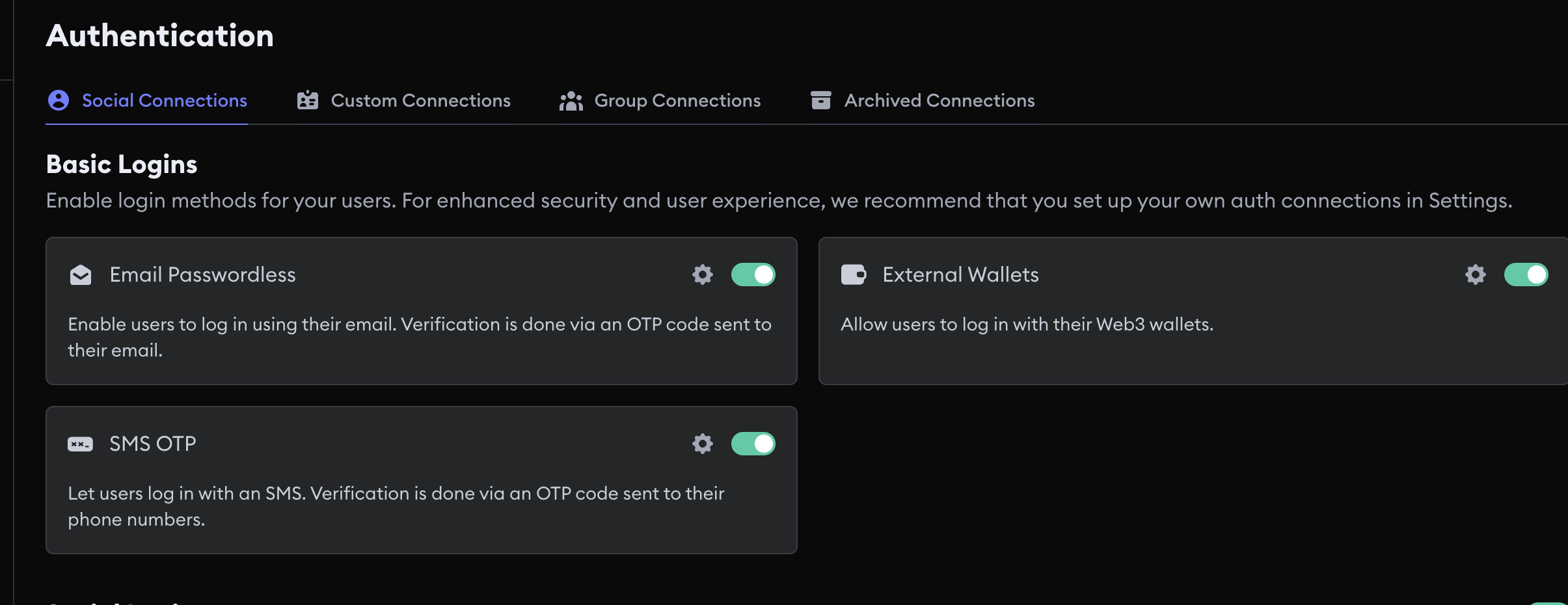 SMS OTP in the Social Connections settings